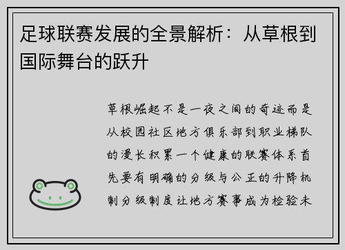 足球联赛发展的全景解析：从草根到国际舞台的跃升