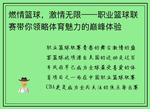 燃情篮球，激情无限——职业篮球联赛带你领略体育魅力的巅峰体验